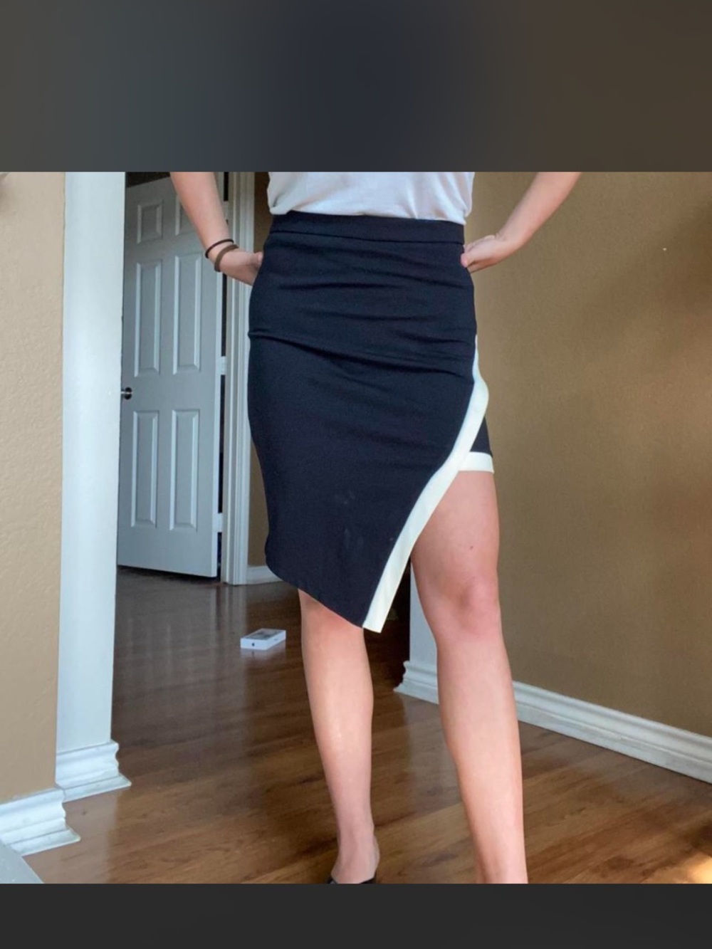 Forever 21 Black Asymmetrical Pencil Mini Skirt with White Trim